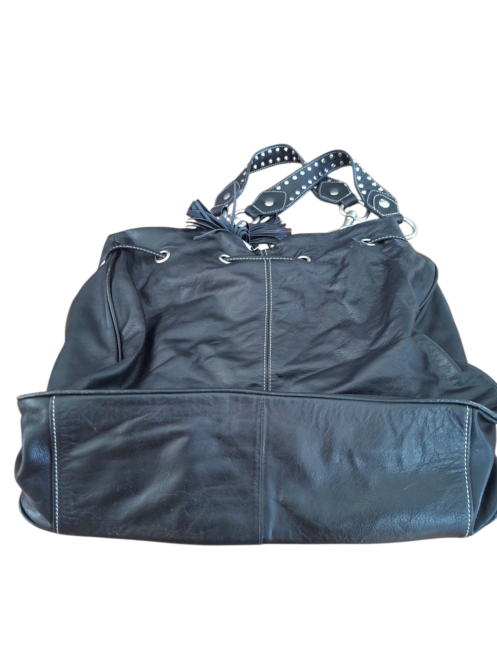 Vtg Betsey Johnson Black Leather Studded Kiss Lock Hobo Bucket Bag Y2K Rare - Picture 5 of 16
